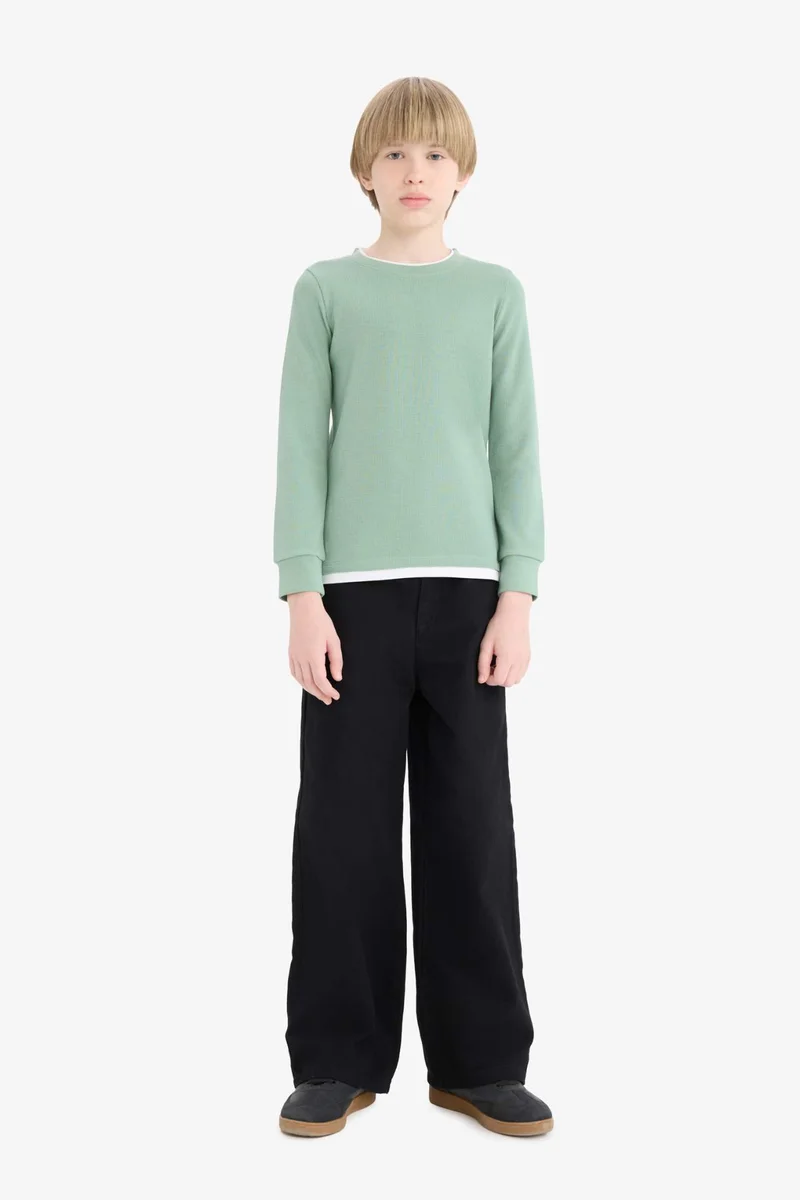 ديفاكتو Boy Regular Fit Crew Neck Waffle Long Sleeve T-Shirt