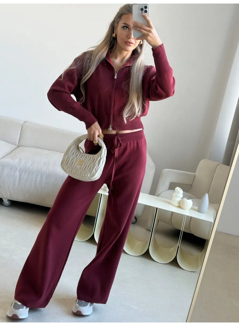 NIBEMINENT Spring Autumn Lady Solid Tracksuit Casual Knitted Cardigan Pants Sets 2 Pieces For Women Stand Collar Zipper Coat Wide Leg Pants - Image 3