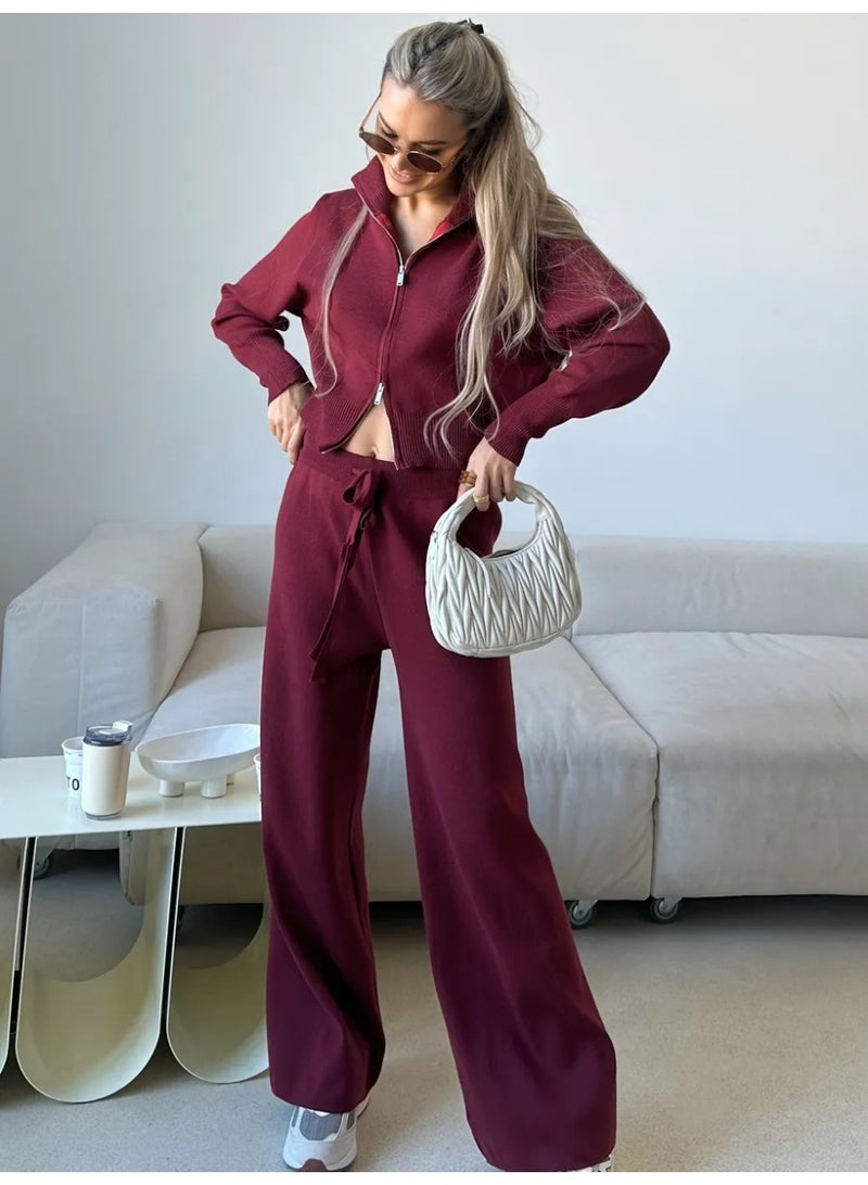 NIBEMINENT Spring Autumn Lady Solid Tracksuit Casual Knitted Cardigan Pants Sets 2 Pieces For Women Stand Collar Zipper Coat Wide Leg Pants - Image 2