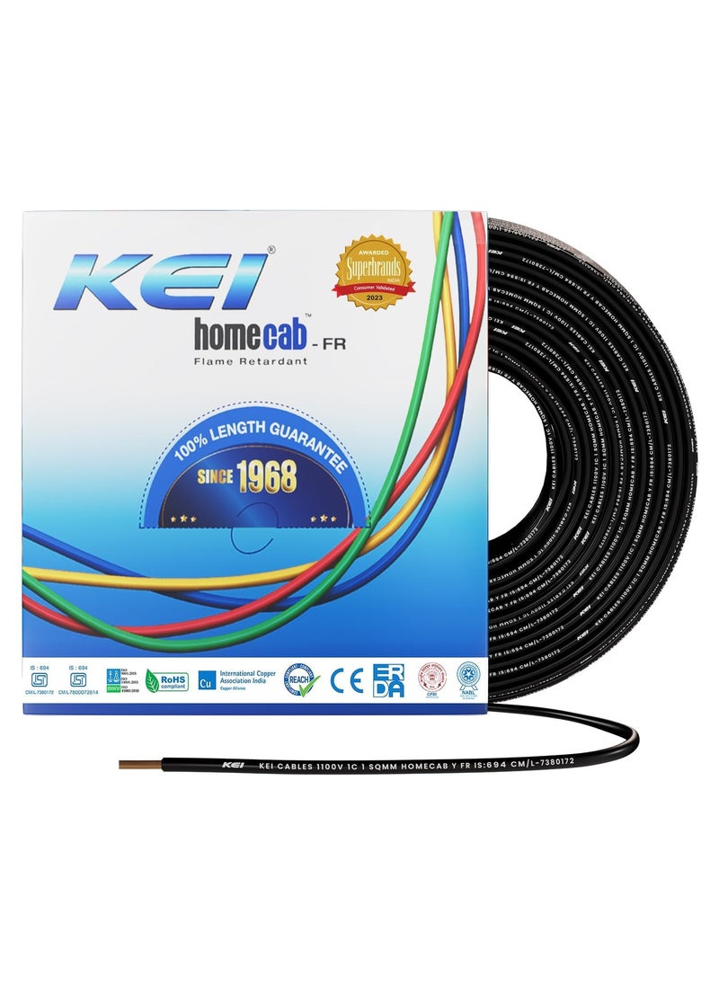 KEI KEI WIRES CABLES Homecab 1 sqmm 1 Core Copper Flame Retardant House Wire PVC Insulated Cable for Domestic Industrial Electrical Wiring Black 90 Meters  - Image 1