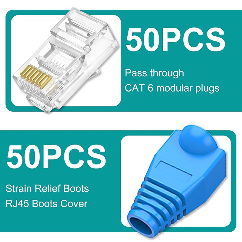 Brileine UTP RJ45 Connectors, Cat6 RJ45 Pass Through Plugs 50-Pack, Cat6 RJ45 Plugs with 50-Pack Strain Relief Boots for Solid or Standard Ethernet Cables, Transparent - Image 2