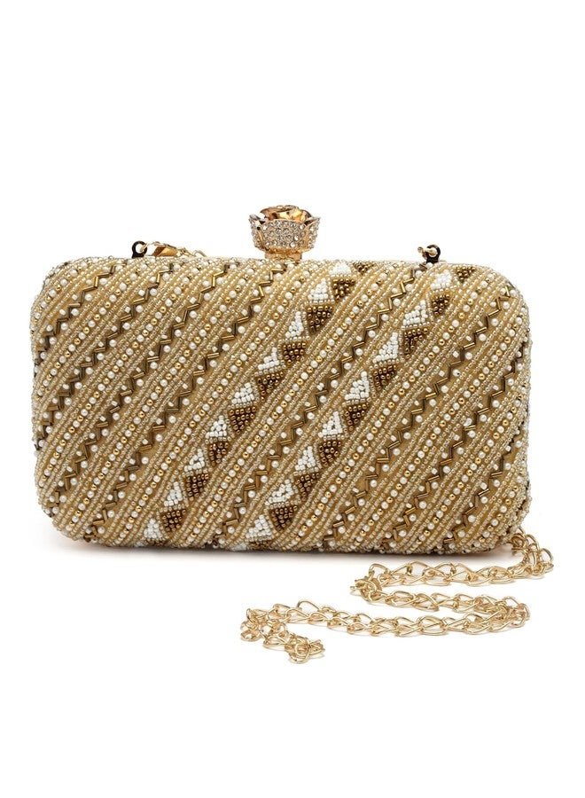 Anekaant Adorn Beige & Gold Embellished Faux Silk Clutch - Image 1