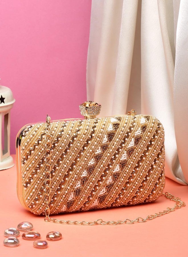 Anekaant Adorn Beige & Gold Embellished Faux Silk Clutch - Image 3