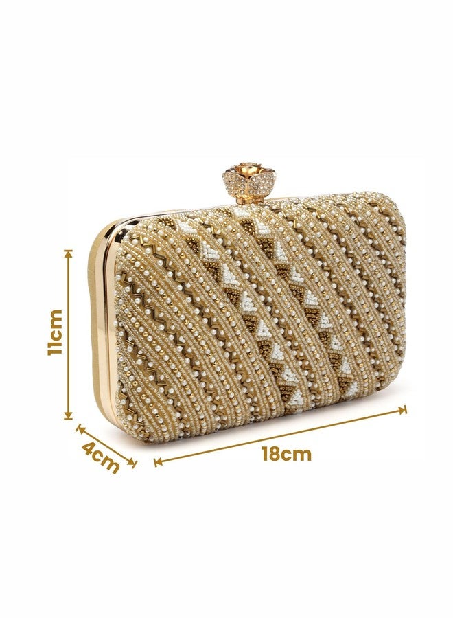 Anekaant Adorn Beige & Gold Embellished Faux Silk Clutch - Image 4