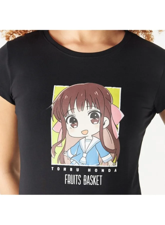 SP Characters Fruit Basket Print Round Neck T-shirt with Short Sleeves