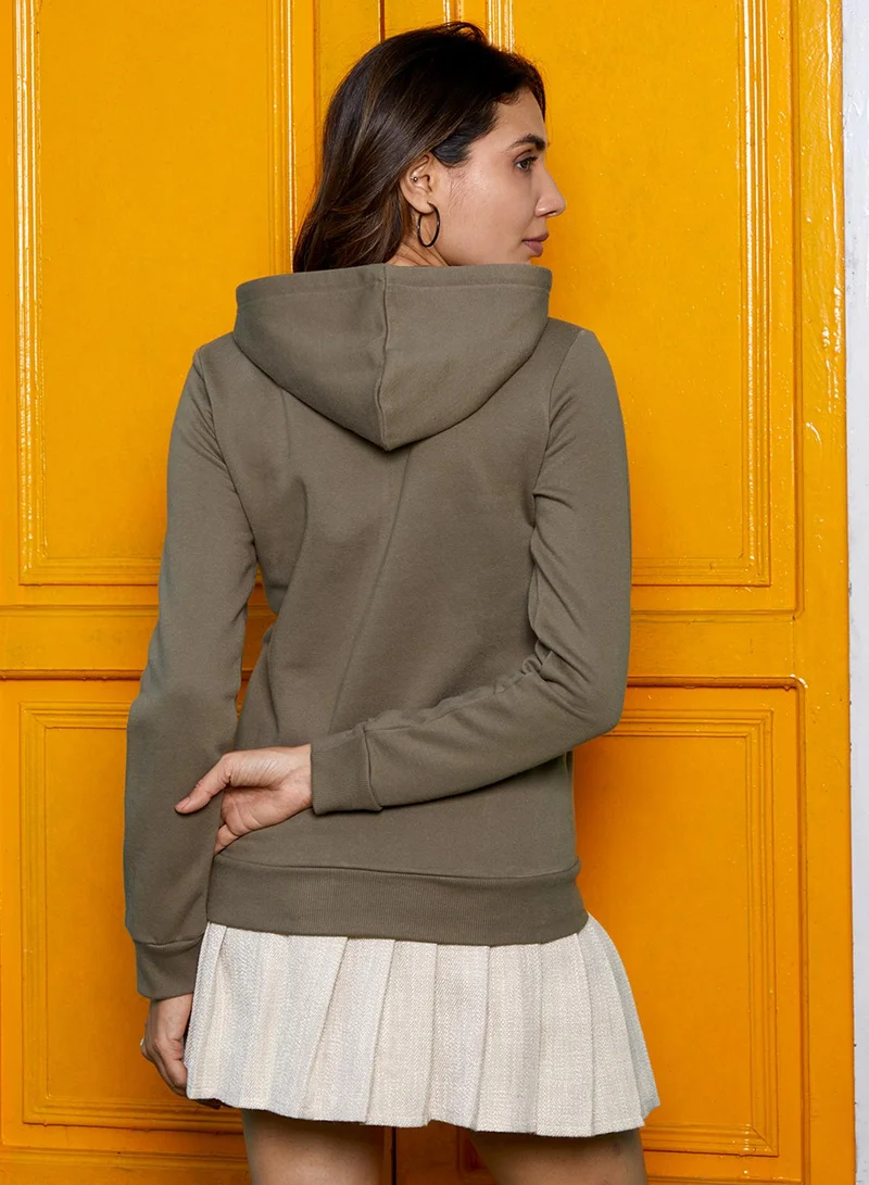 كامبوس سوترا Women's Olive Green Solid Zip-Front Hoodie