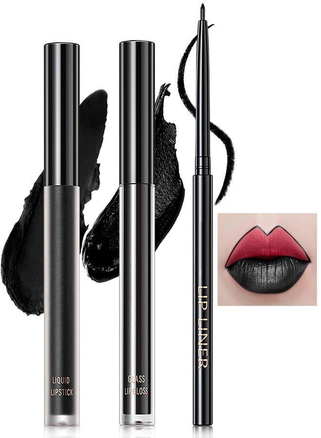 WENJLYJ 3 PCS Black Matte Liquid Lipstick and Lipliner Set,High Pigmented Matte Lipstick Lipgloss Black Lip Liner Set Long Lasting Waterproof Velvet Liquid Lip Gloss Stain Set for Halloween Gothic Makeup - Image 1