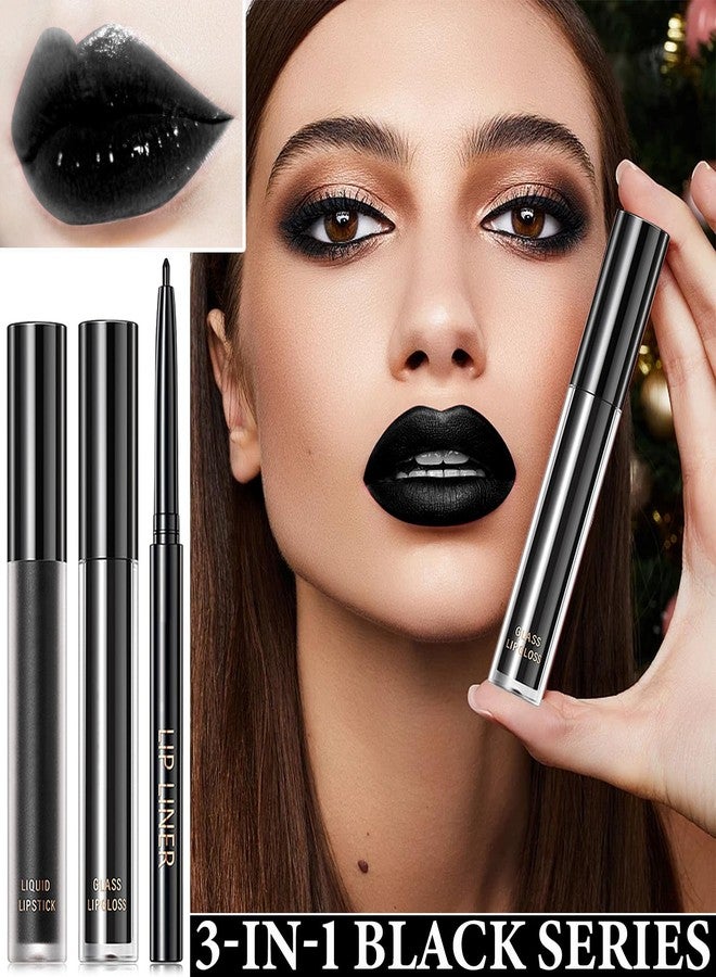 WENJLYJ 3 PCS Black Matte Liquid Lipstick and Lipliner Set,High Pigmented Matte Lipstick Lipgloss Black Lip Liner Set Long Lasting Waterproof Velvet Liquid Lip Gloss Stain Set for Halloween Gothic Makeup - Image 2