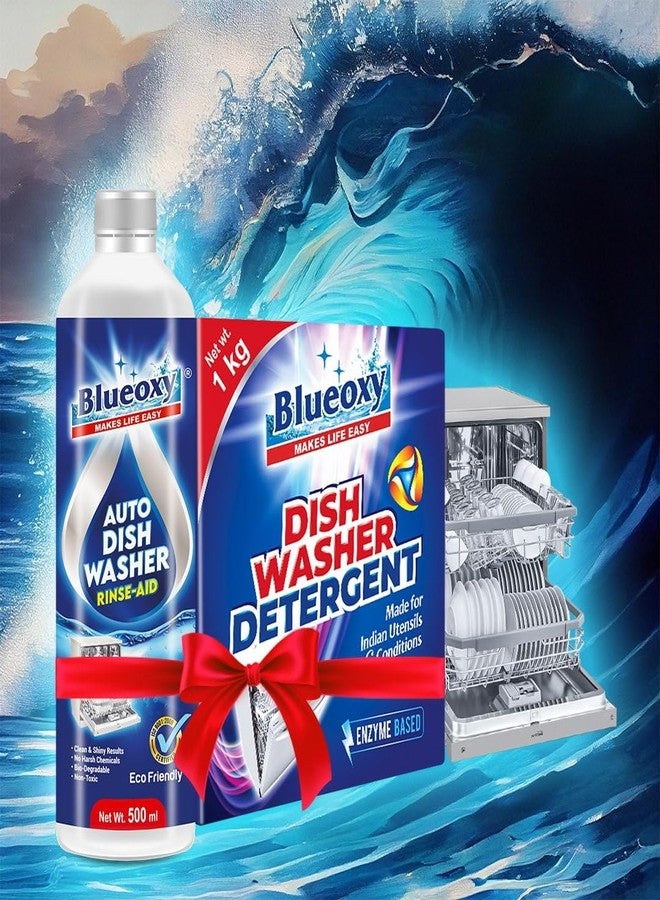 Blueoxy Auto Dishwasher Rinse Aid Non -Toxic and Biodegradable 500 ml + Blueoxy Auto Dishwasher Detergent Powder - Used for All Dishwasher Brands - 1 Kg (Combo Pack) - Image 1