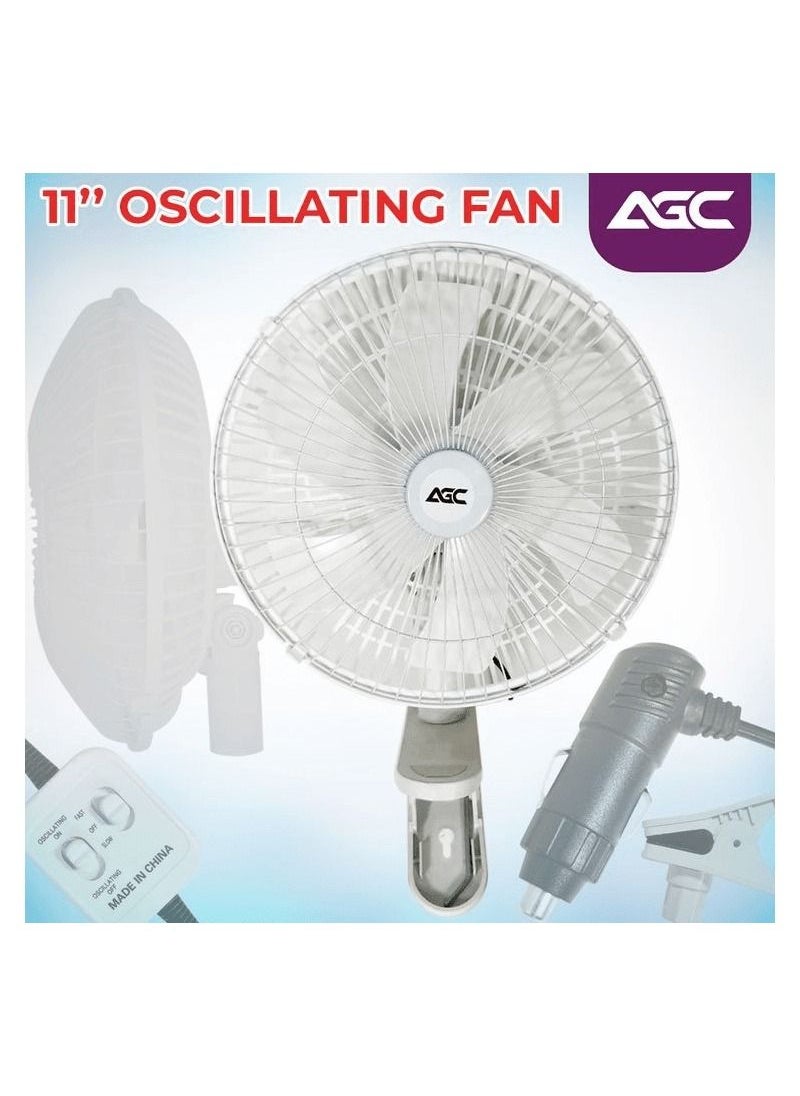 AGC Portable Oscillating 11" Fan for Car and Truck. 24V Oscillating and Speed. Strong Wind. Fan Fix with Clip.