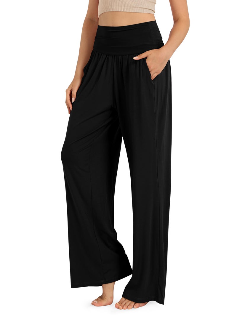 ODODOS Women's Wide Leg Palazzo Lounge Pants with Pockets Light Weight Loose Comfy Casual Pajama Pants-30 inseam, Black, Large - Image 1