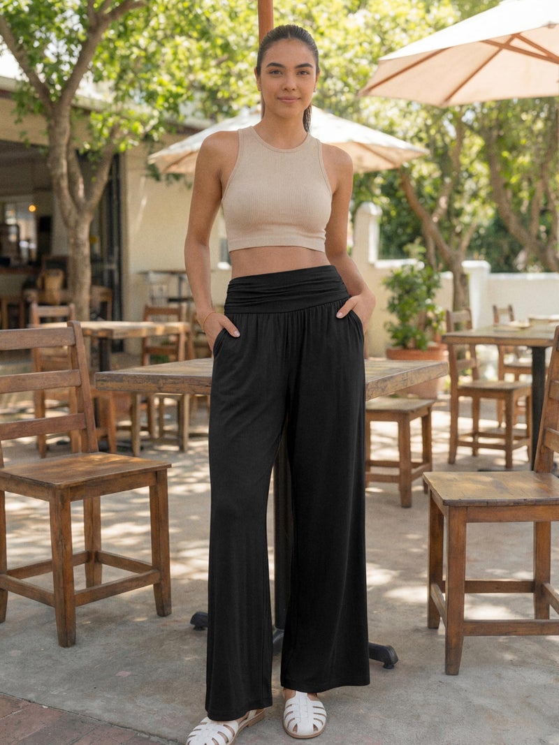 ODODOS Women's Wide Leg Palazzo Lounge Pants with Pockets Light Weight Loose Comfy Casual Pajama Pants-30 inseam, Black, Large - Image 3