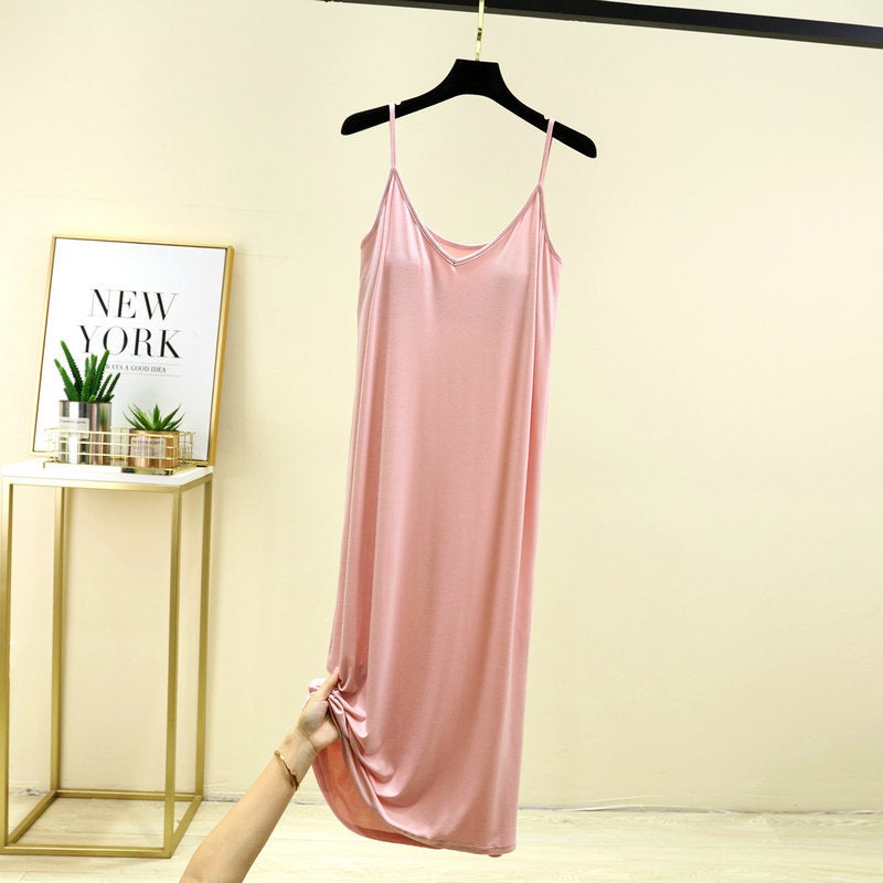 Womens One-piece V-neck Sling Base Skirt with Chest Pad Summer Long Nightgown Home Skirt Outer Wearing Dress shallow powder 