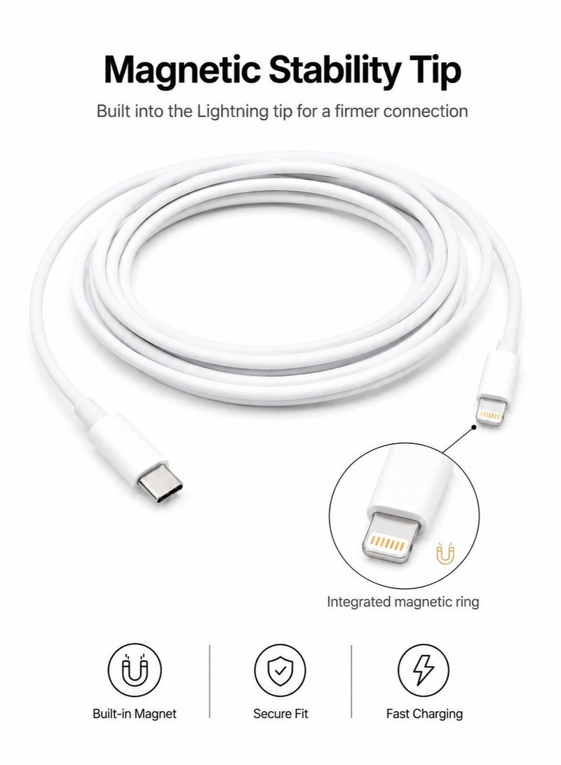 High-Quality USB-C to Lightning Charging Cable for iPhone, Built-in Magnetic Stability Tip, Fast & Safe Charging with Data Transfer - White - Image 1