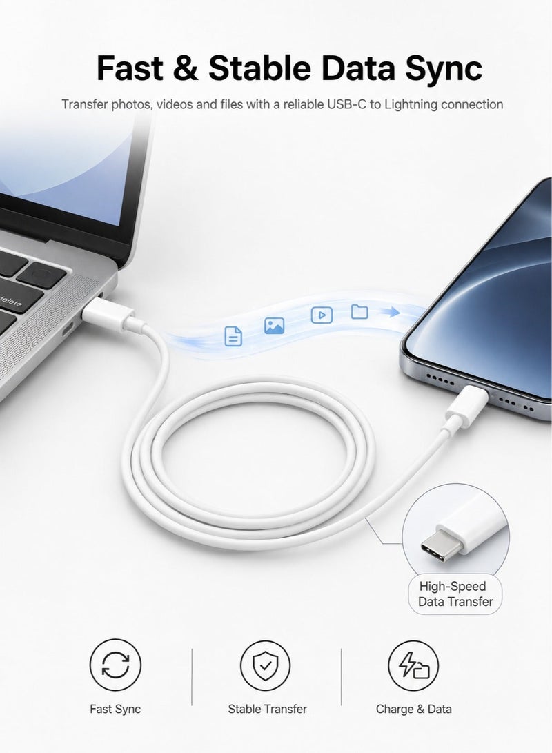High-Quality USB-C to Lightning Charging Cable for iPhone, Built-in Magnetic Stability Tip, Fast & Safe Charging with Data Transfer - White - Image 4