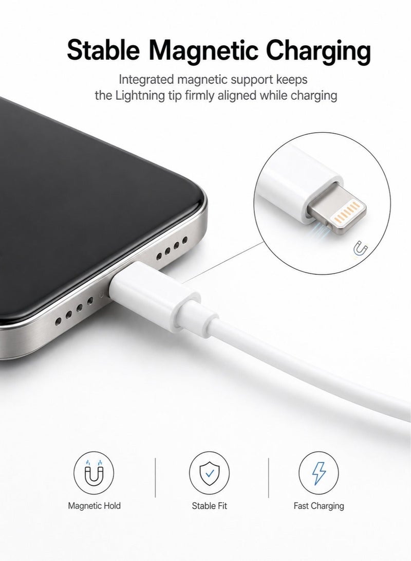 High-Quality USB-C to Lightning Charging Cable for iPhone, Built-in Magnetic Stability Tip, Fast & Safe Charging with Data Transfer - White - Image 2