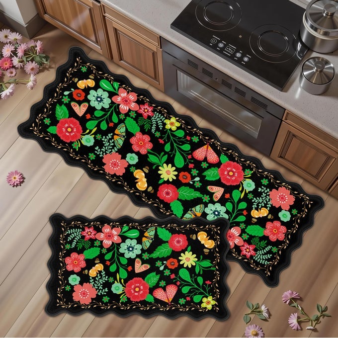 SCALLOPED BLACK KITCHEN MATS FOR FLOOR 2PC CUSHIONED ANTI FATIGUE KITCHEN MATS RUGS WATERPROOF NON SLIP FARMHOUSE BOHO FLORAL COMFORT FOAM STANDING MAT FOR SINK LAUNDRY