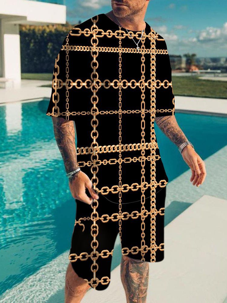 2023 New 3D Digital Thermal Transfer Fashion T-Shirt Set Gold Chain Stitching - Image 5