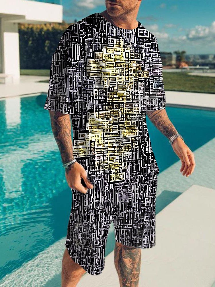 2023 New 3D Digital Thermal Transfer Fashion T-Shirt Set Gold Chain Stitching - Image 3