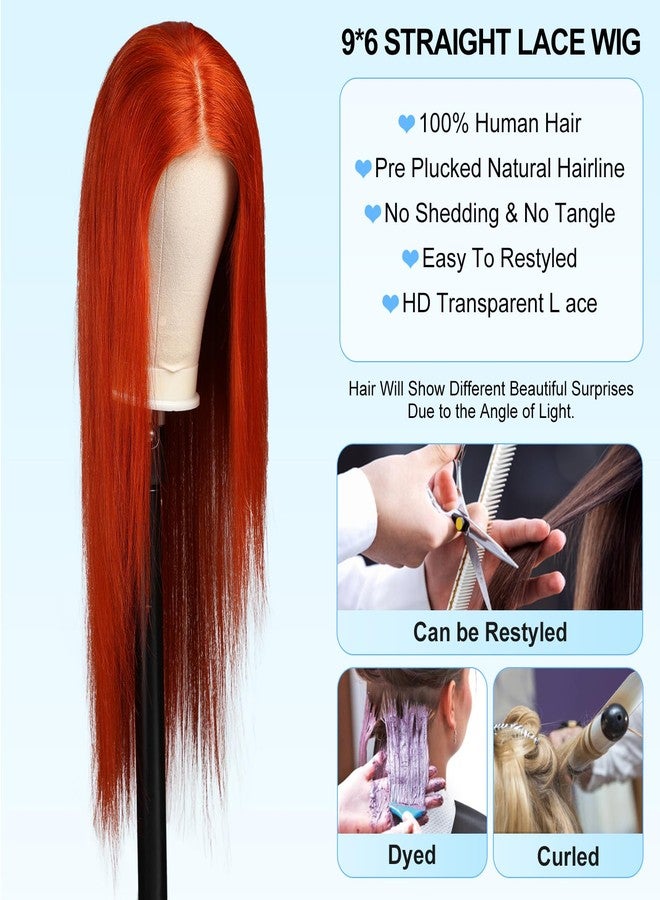 KKU 26 Inch Ginger Orange Straight 9x6 Lace Glueless Wig,Tiny Knots Wig,180% Density Lace Front Wigs Human Hair - Image 2