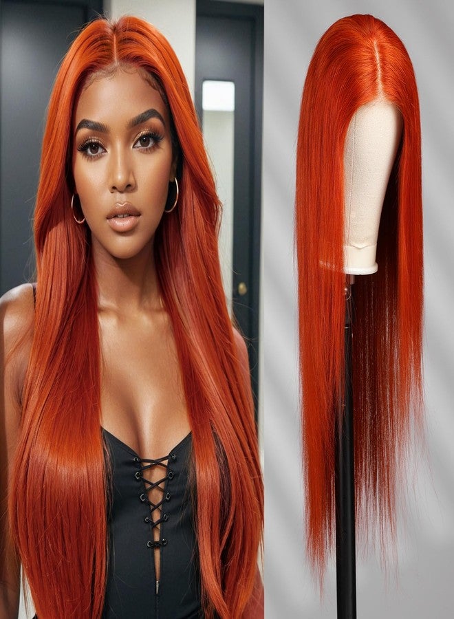 KKU 26 Inch Ginger Orange Straight 9x6 Lace Glueless Wig,Tiny Knots Wig,180% Density Lace Front Wigs Human Hair - Image 1
