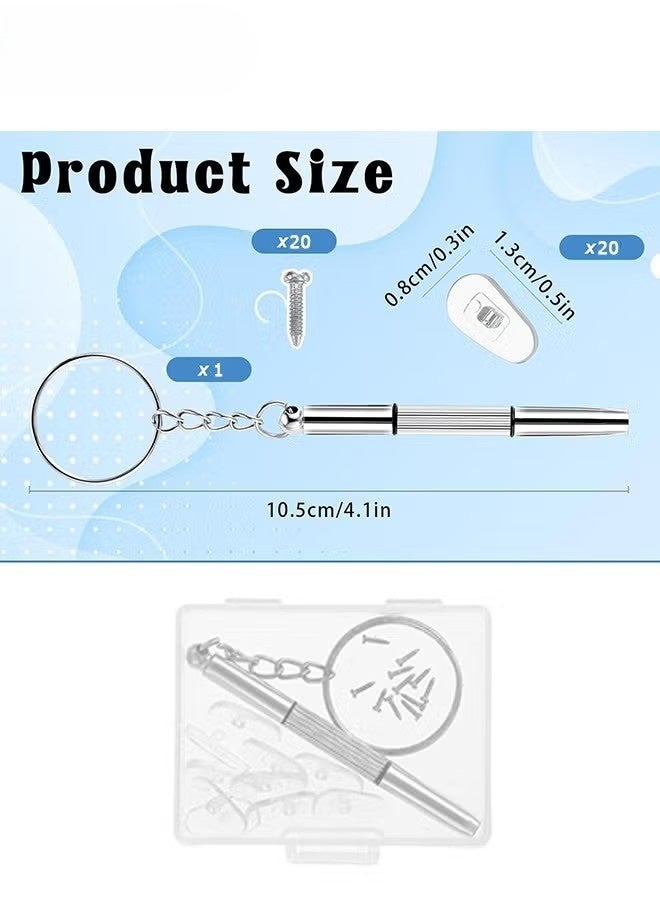 طقم إصلاح مفكات النظارات - مفكات نظارات صغيرة 3 في 1 - طقم إصلاح النظارات مع 20 قطعة من وسادات الأنف و20 برغي طقم استبدال براغي النظارات لإصلاح النظارات والساعات