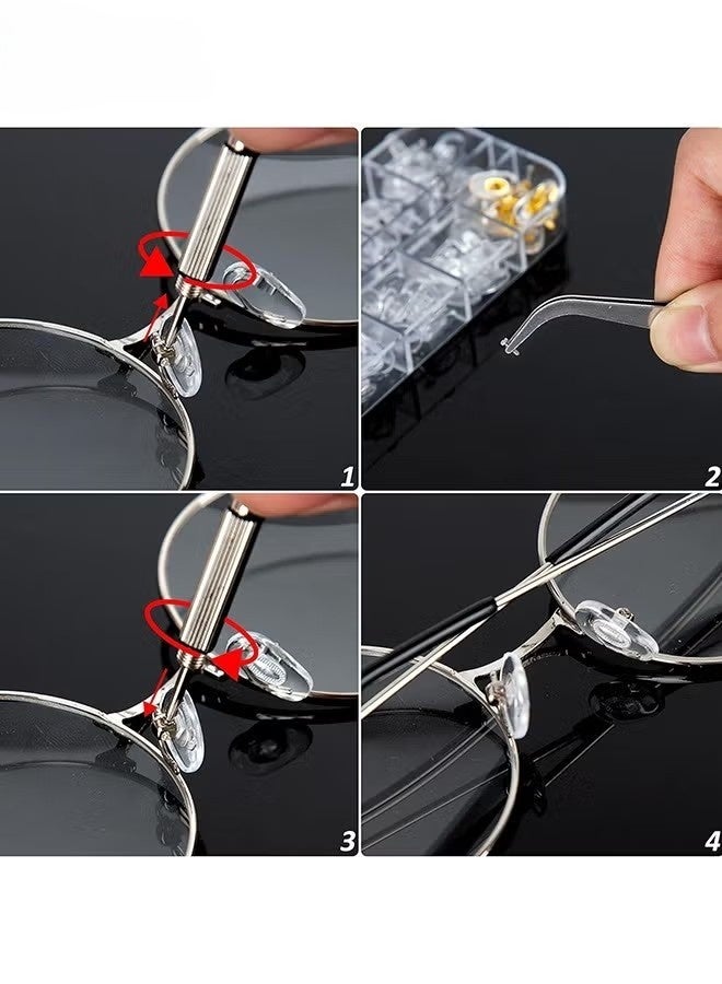 طقم إصلاح مفكات النظارات - مفكات نظارات صغيرة 3 في 1 - طقم إصلاح النظارات مع 20 قطعة من وسادات الأنف و20 برغي طقم استبدال براغي النظارات لإصلاح النظارات والساعات