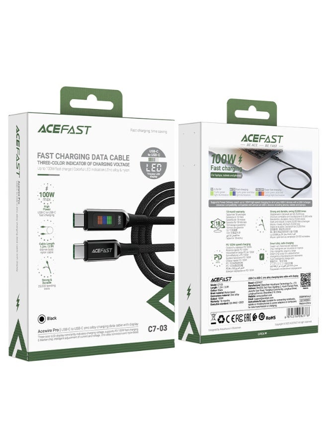 أسيفاست كابل شحن وبيانات C7-03 USB-C إلى USB-C، شحن سريع PD بقوة 100 وات، - شريحة تحديد، مؤشر جهد ثلاثي الألوان، كابل مضفر من النايلون المتين بطول 1.2 متر - أسود - Image 4