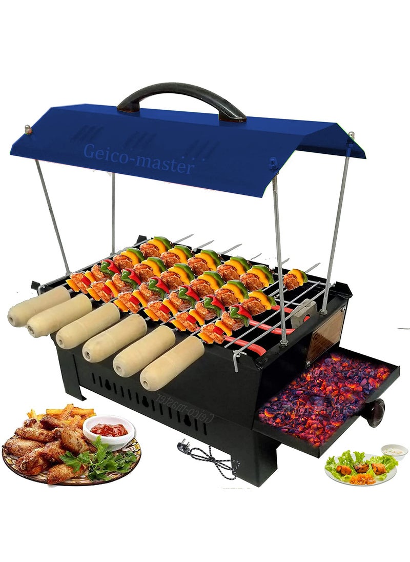 Geico-master Geicomaster BBQ5680 Blue Hut Shape 2in1 Multi Purpose Electric Charcoal Brbeque Grill Tandoor with 6 Skewers Wooden Handle Electric Grill Electric Tandoor  - Image 1