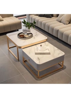 DubaiGallery Nesting Coffee Table Set of 2, Modern Side Table, Round Tempered Glass Marble Texture Stackable Coffee Tables, Living Room Sofa Table, Metal Frame, for Living Room Balcony Office  - Image 1