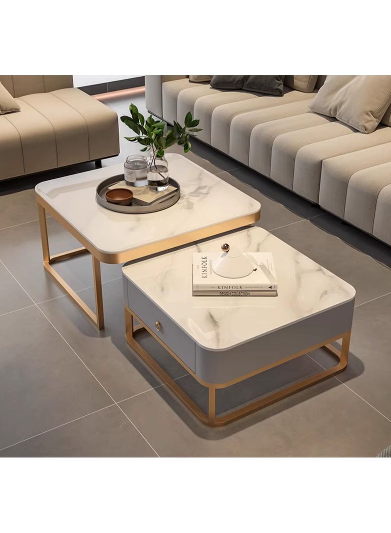 DubaiGallery Nesting Coffee Table Set of 2, Modern Side Table, Round Tempered Glass Marble Texture Stackable Coffee Tables, Living Room Sofa Table, Metal Frame, for Living Room Balcony Office  - Image 1