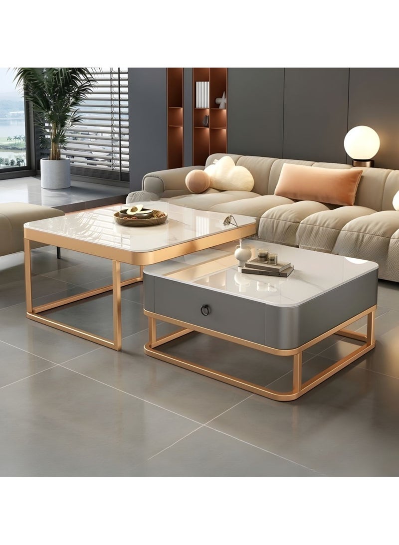 DubaiGallery Nesting Coffee Table Set of 2, Modern Side Table, Round Tempered Glass Marble Texture Stackable Coffee Tables, Living Room Sofa Table, Metal Frame, for Living Room Balcony Office  - Image 2