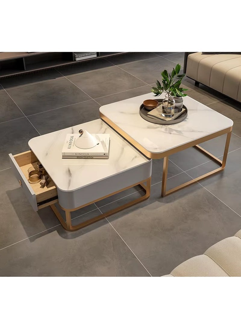 DubaiGallery Nesting Coffee Table Set of 2, Modern Side Table, Round Tempered Glass Marble Texture Stackable Coffee Tables, Living Room Sofa Table, Metal Frame, for Living Room Balcony Office  - Image 3