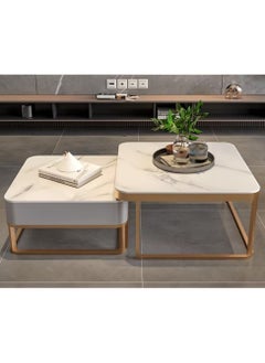 DubaiGallery Nesting Coffee Table Set of 2, Modern Side Table, Round Tempered Glass Marble Texture Stackable Coffee Tables, Living Room Sofa Table, Metal Frame, for Living Room Balcony Office  - Image 4