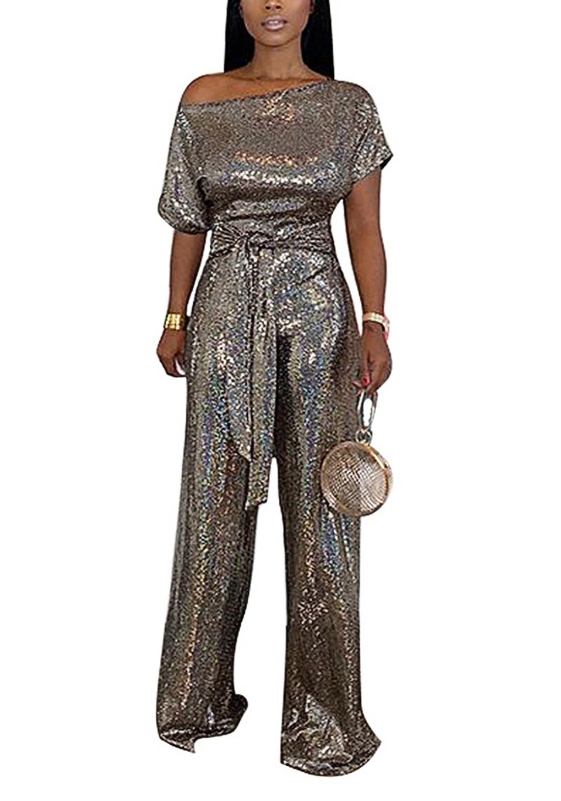 LKOUS Women's Off Shoulder Sequin Jumpsuit Tummy Control Wide Leg Formal Outfit for Wedding Guest Prom - Image 2