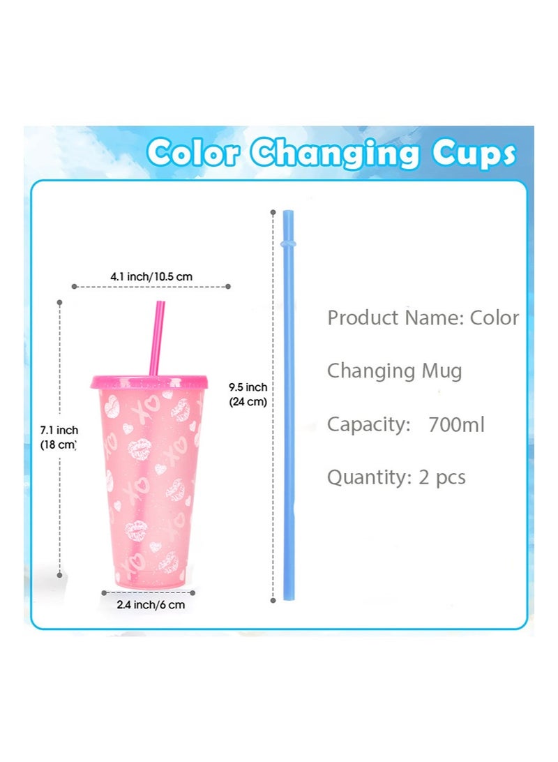 إزدنك كوب متغير اللون، عبوة من قطعتين من الأكواب البلاستيكية سعة 700 مل مع غطاء وقشة، كوب قهوة مثلج قابل لإعادة الاستخدام، مناسب للنساء والبالغين وحفلات الأطفال، أكواب مشروبات مثلجة لطيفة (نمط قلب) - Image 4