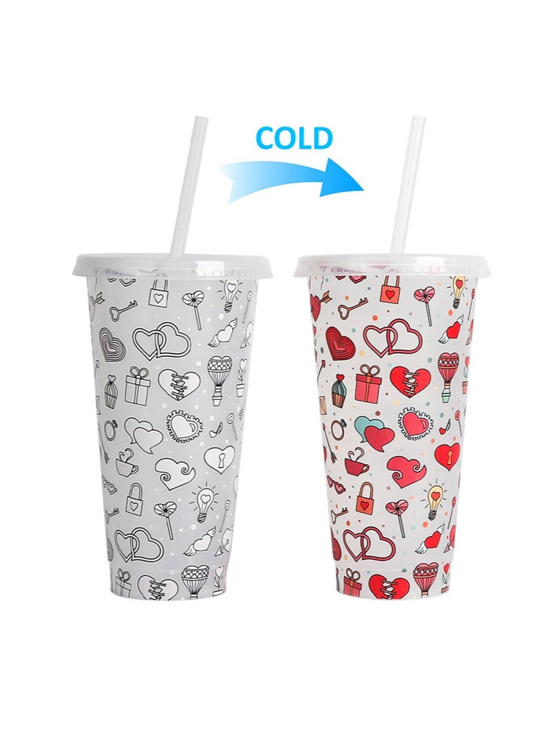 إزدنك كوب متغير اللون، عبوة من قطعتين من الأكواب البلاستيكية سعة 700 مل مع غطاء وقشة، كوب قهوة مثلج قابل لإعادة الاستخدام، مناسب للنساء والبالغين وحفلات الأطفال، أكواب مشروبات مثلجة لطيفة (نمط قلب) - Image 3
