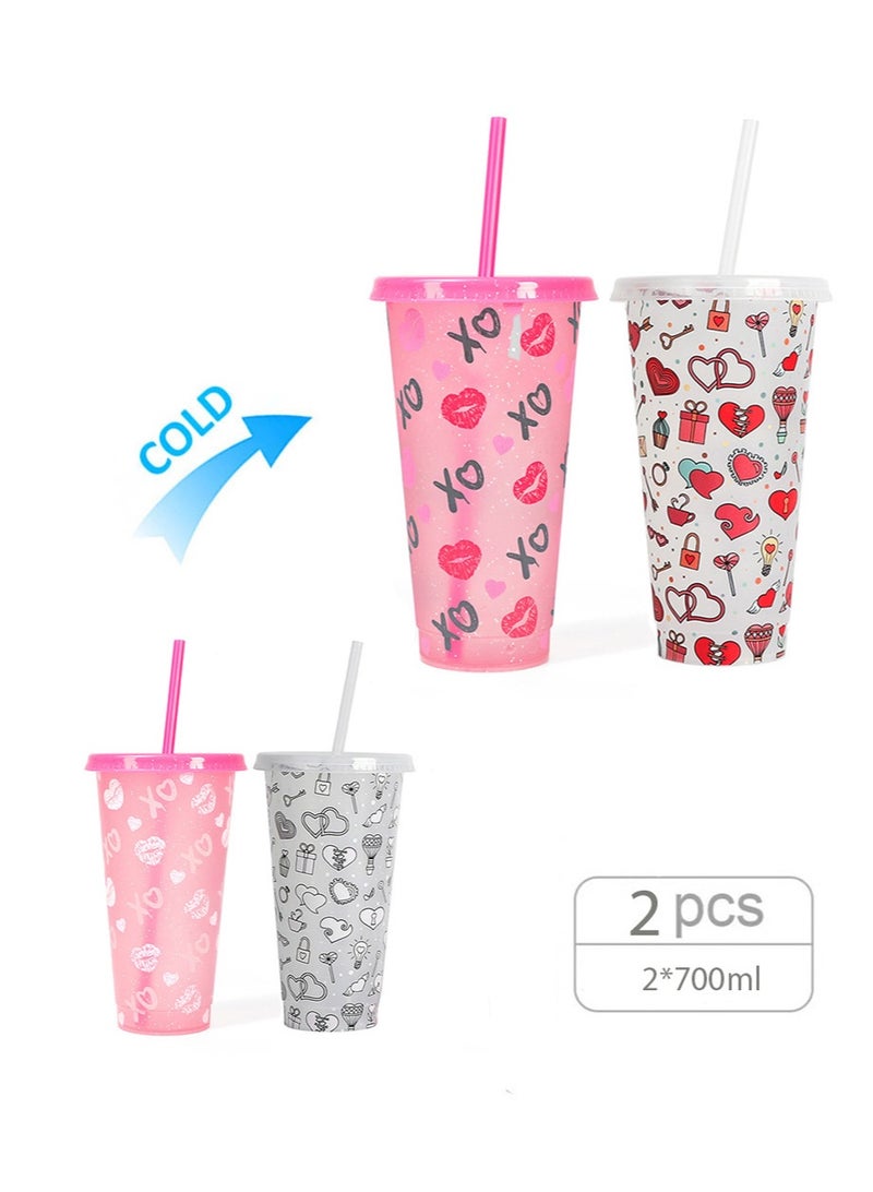 إزدنك كوب متغير اللون، عبوة من قطعتين من الأكواب البلاستيكية سعة 700 مل مع غطاء وقشة، كوب قهوة مثلج قابل لإعادة الاستخدام، مناسب للنساء والبالغين وحفلات الأطفال، أكواب مشروبات مثلجة لطيفة (نمط قلب) - Image 1