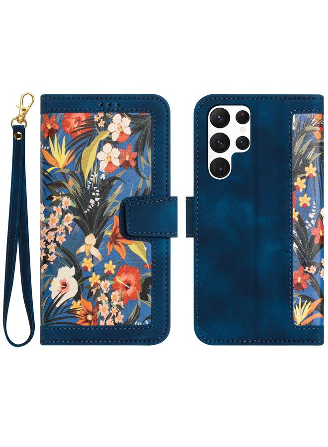 S-TOP Case For Samsung Galaxy S22 Ultra 5G Floral Pattern Leather Phone Case with Lanyard - Image 1