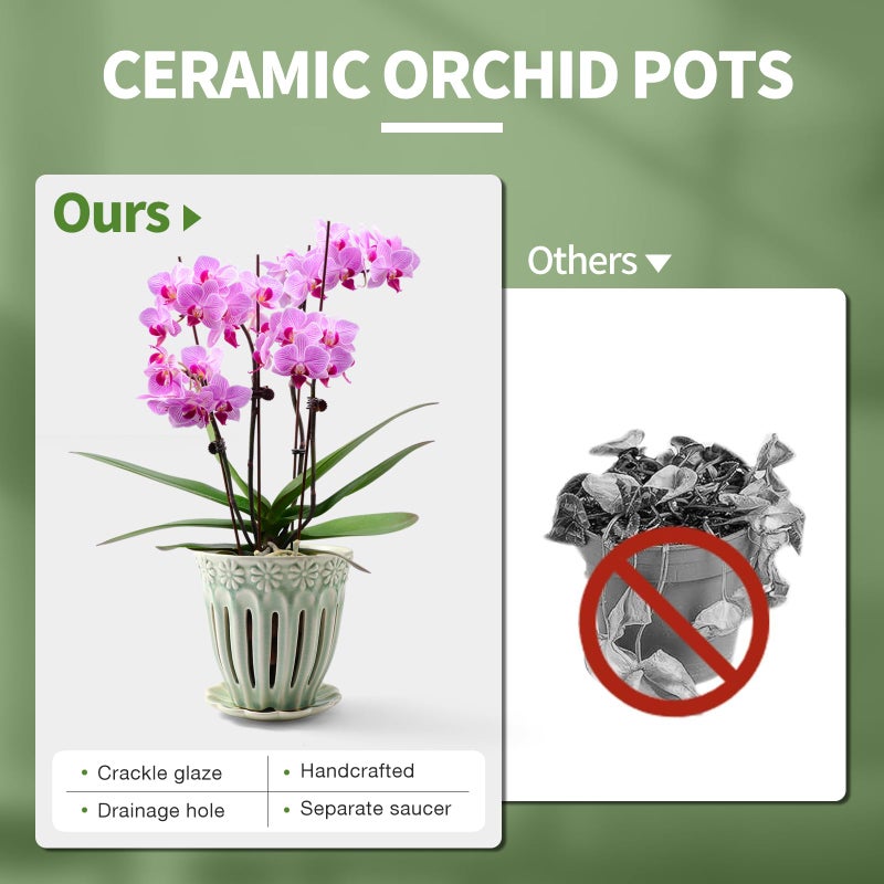 Suaden 5"" Ceramic Orchid Pots With Holes | Crackle Glazed Orchid Pot With Drainage And Separate Saucer | Ideal Plant Pot For Repotting Orchids And Other Flowers(Green) - Image 3