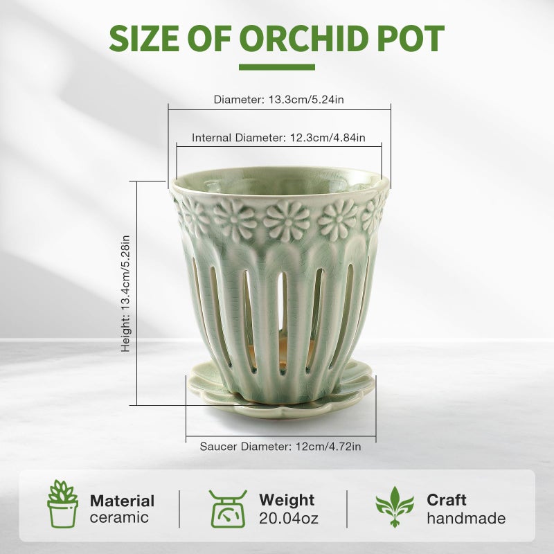 Suaden 5"" Ceramic Orchid Pots With Holes | Crackle Glazed Orchid Pot With Drainage And Separate Saucer | Ideal Plant Pot For Repotting Orchids And Other Flowers(Green) - Image 5