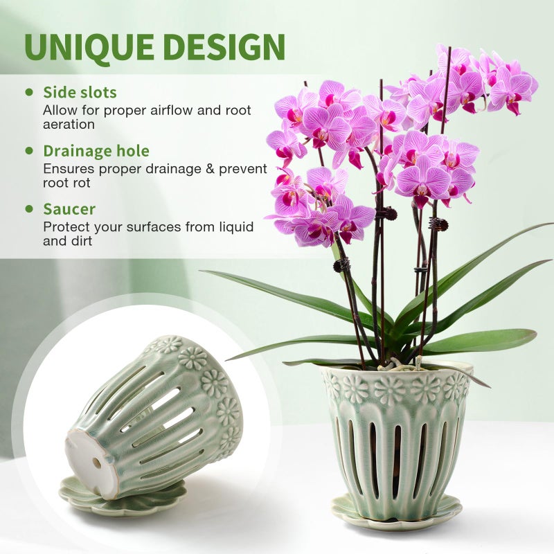 Suaden 5"" Ceramic Orchid Pots With Holes | Crackle Glazed Orchid Pot With Drainage And Separate Saucer | Ideal Plant Pot For Repotting Orchids And Other Flowers(Green) - Image 2