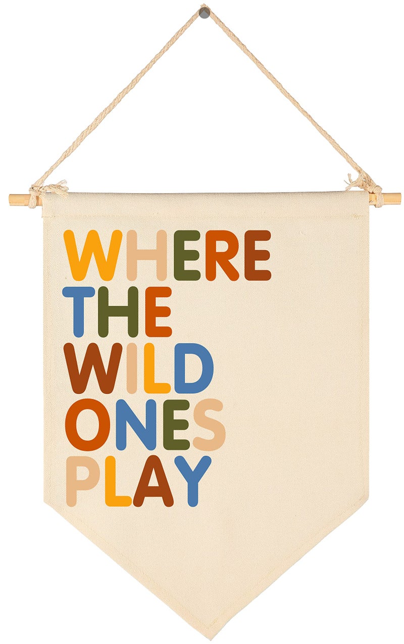 Where The Wild Ones Play Canvas Hanging Pennant Flag Banner Wall Sign Decor Gift for Nursery Baby Kids Girl Boy Teen Bedroom Playroom Front Door Baby Gift Shower FlayBirthday Christmas Gift