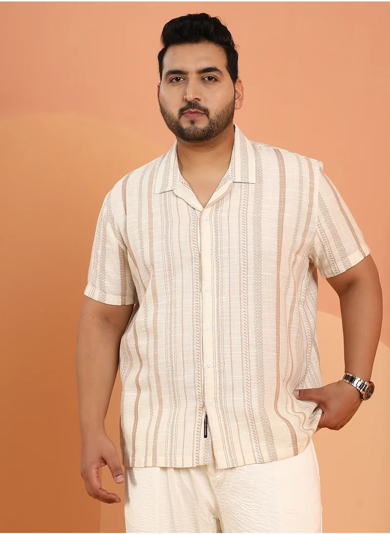 انستافاب بلس Instafab Plus Men's Off-White Folk-Striped Cuban Shirt For Casual Wear | Cuban Collar | Short Regular Sleeves | Button Closure | Plus Size Shirt Crafted With Comfort Fit For Everyday Wear