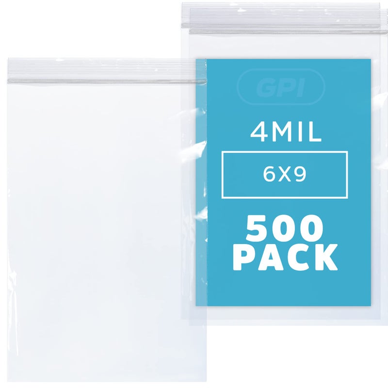 6" x 9" Heavy-Duty Zip Bags - 500 Count - Clear Plastic Reclosable Zipper Baggies, 4 Mil Thick Freezer Storage Poly Bags with Resealable Zip Top Lock for Packaging Food, Tools & Sharp Objects.