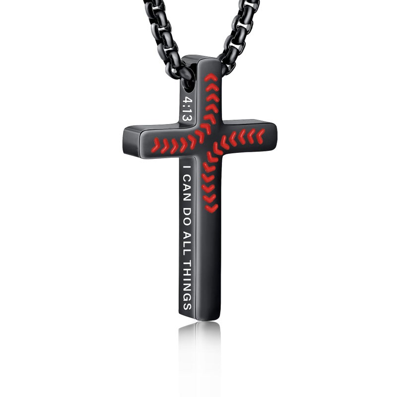 VULETO Baseball Bible Verse Cross Necklace for Boys Men, Black Stainless Steel Baseball Drip Pendant Chain Easter Christian Religious Christmas Valentines Jewelry Gifts for Son Kids Teenage Teen 8-12 Accessories Stuff Gear 4:13 - Image 1