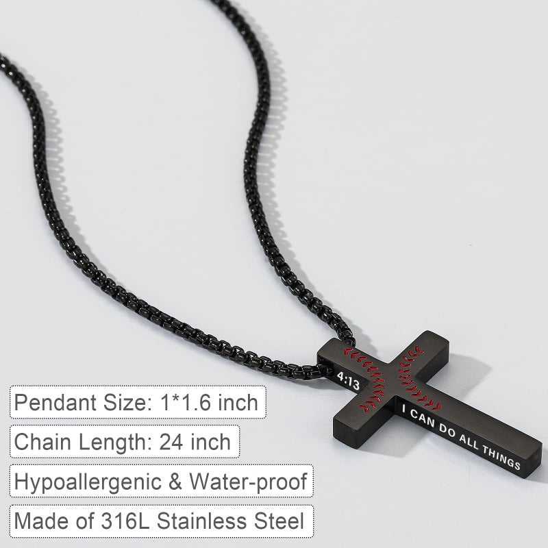VULETO Baseball Bible Verse Cross Necklace for Boys Men, Black Stainless Steel Baseball Drip Pendant Chain Easter Christian Religious Christmas Valentines Jewelry Gifts for Son Kids Teenage Teen 8-12 Accessories Stuff Gear 4:13 - Image 3