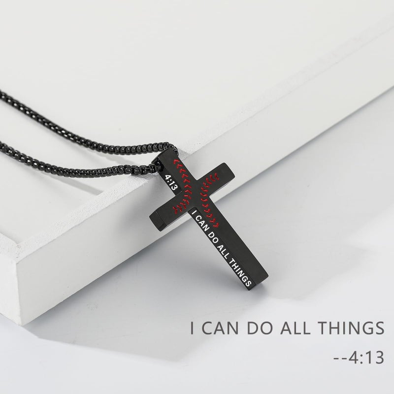 VULETO Baseball Bible Verse Cross Necklace for Boys Men, Black Stainless Steel Baseball Drip Pendant Chain Easter Christian Religious Christmas Valentines Jewelry Gifts for Son Kids Teenage Teen 8-12 Accessories Stuff Gear 4:13 - Image 2