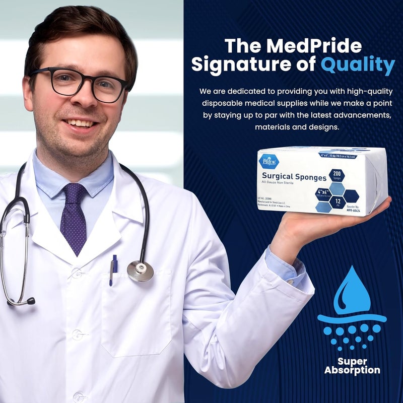 Medpride شاش 4"x 4"، 200 إسفنجة جراحية 12 طبقة فائقة الامتصاص | شاش كامل، غير معقم | ممتاز لتضميد الجروح، التحضير، الفرك والتنظيف | إسعافات أولية أساسية - Image 5