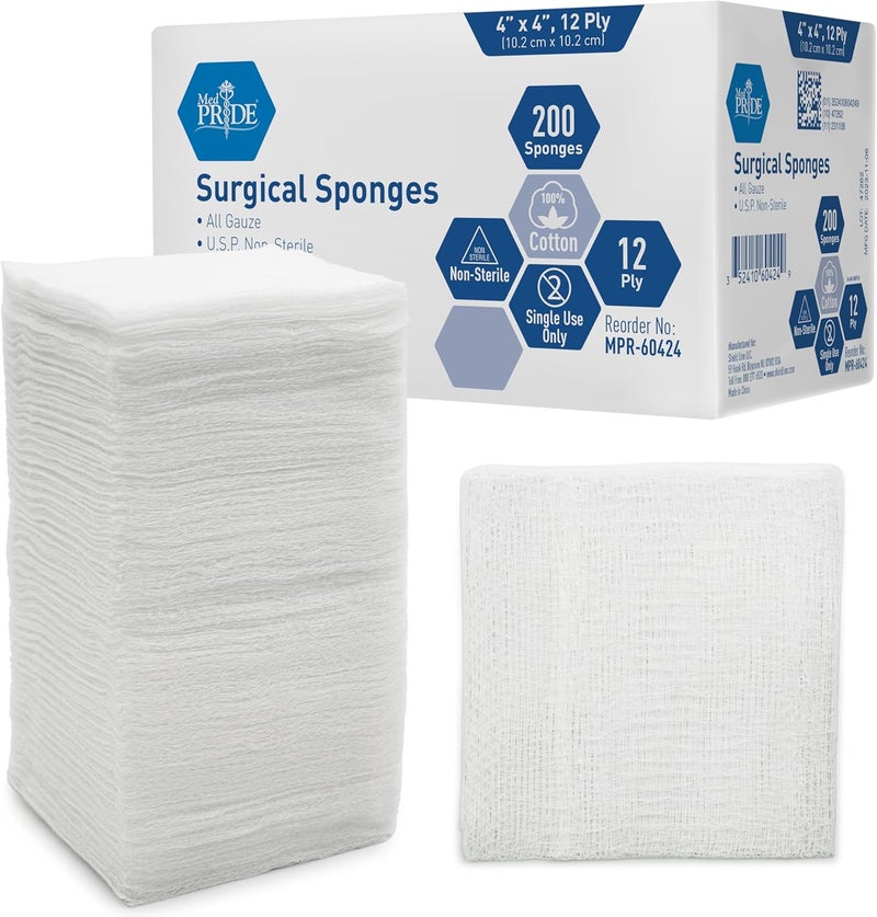 Medpride شاش 4"x 4"، 200 إسفنجة جراحية 12 طبقة فائقة الامتصاص | شاش كامل، غير معقم | ممتاز لتضميد الجروح، التحضير، الفرك والتنظيف | إسعافات أولية أساسية - Image 1
